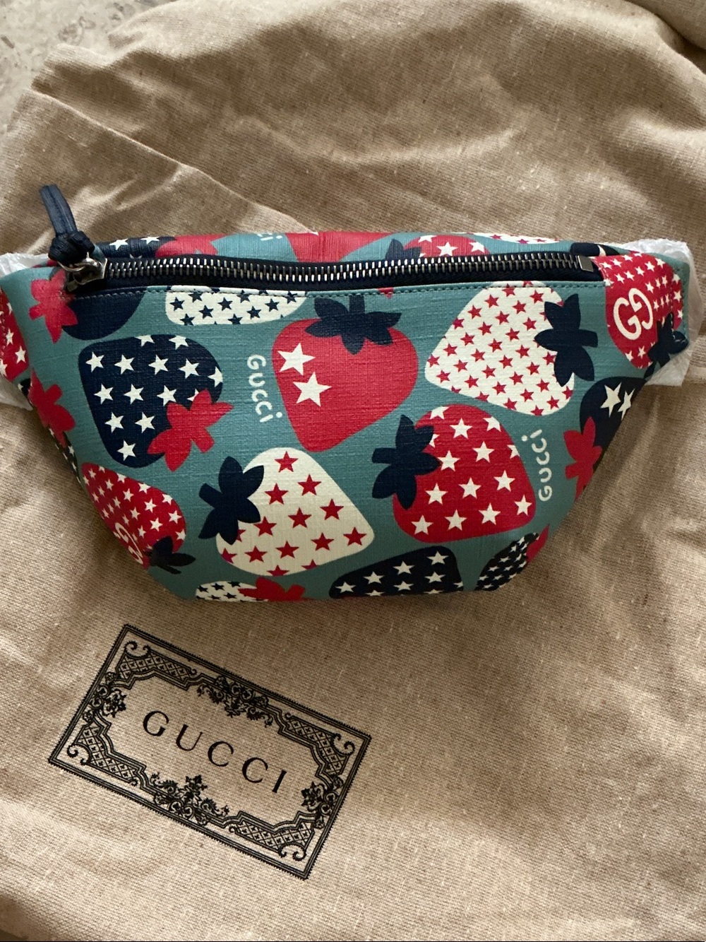 Authentic Gucci Leather summer strawberries kids belt bag, new